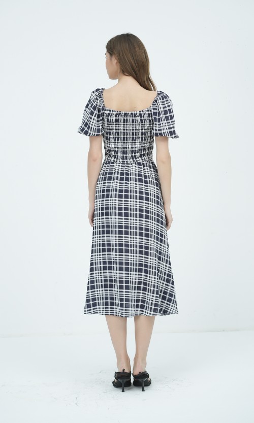 SIXDO G-Navy Short Sleeves Woven Flared Dress for Women